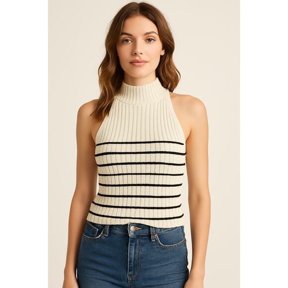 Moda International Ribbed Sleeveless Sweater Tank Top White Black Stripes - Picture 1 of 5